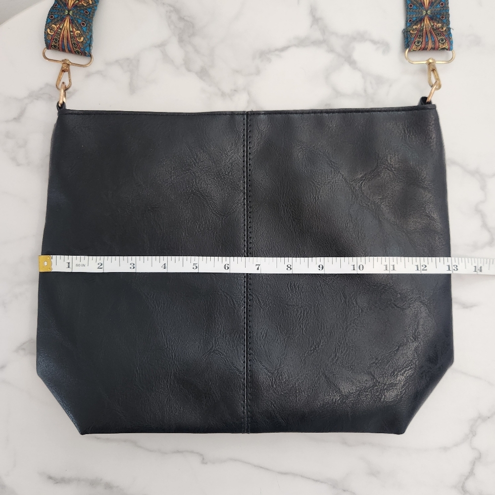Unisex Black Pu Leather Tote Bag With Patterned Boho Strap - Picture 14 of 15